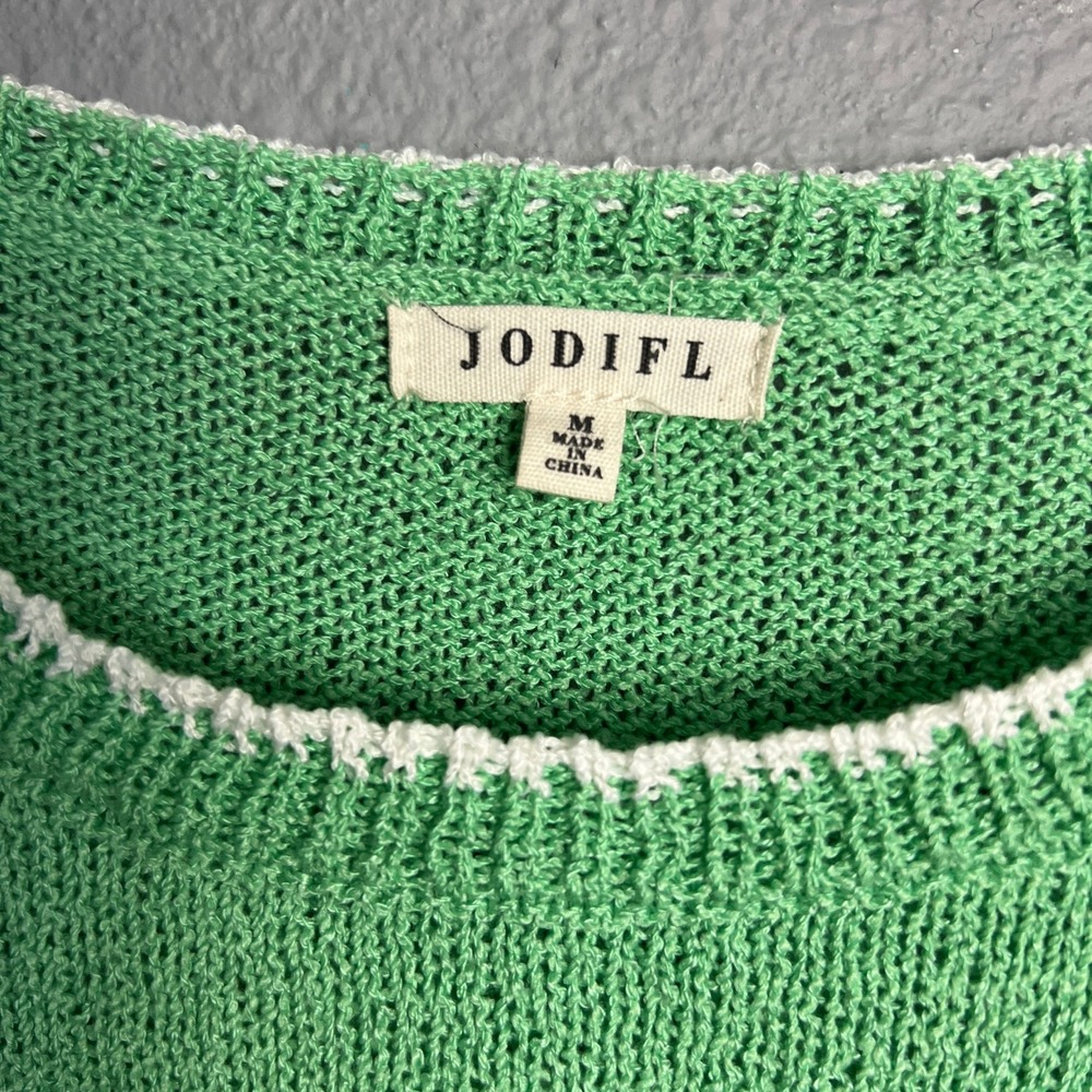 Jodifl Green Ruffle Sleeve Sweater Open Knit Top White Trim Summer Casual Medium - Picture 3 of 10